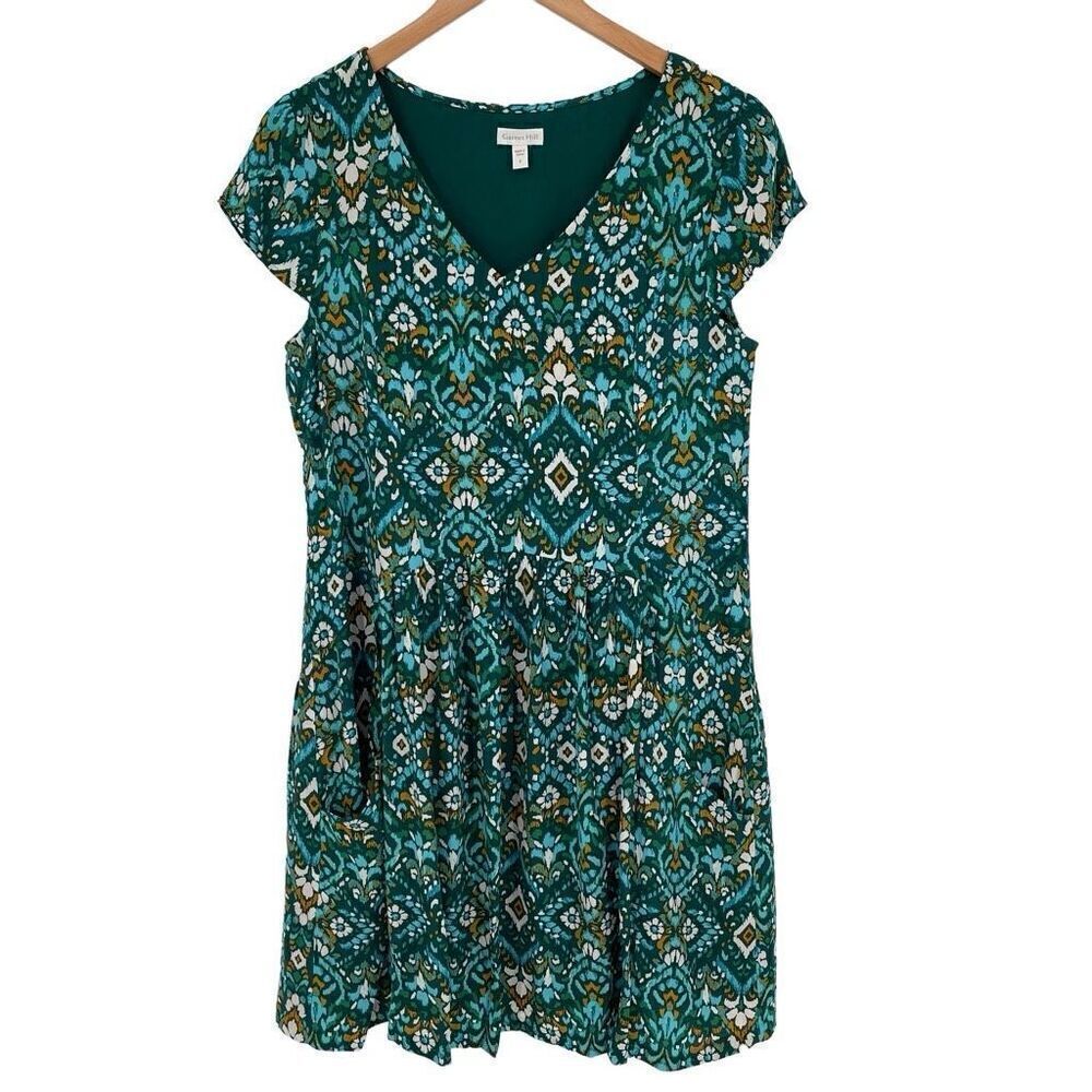 Garnet Hill Summer Day Shift Dress Short Sleeve Pockets Above Knee Women 6 Green